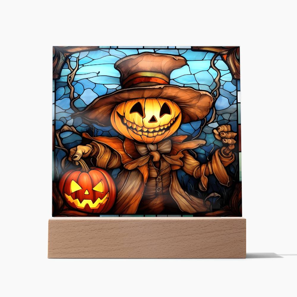 Halloween Gift - Pumpkin Ghost Stained Glass - Acrylic Square Plaque with Available LED Night Light