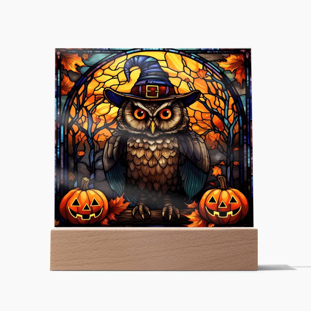 Halloween Gift - Owl Stained Glass - Acrylic Square Plaque with Available LED Night Light