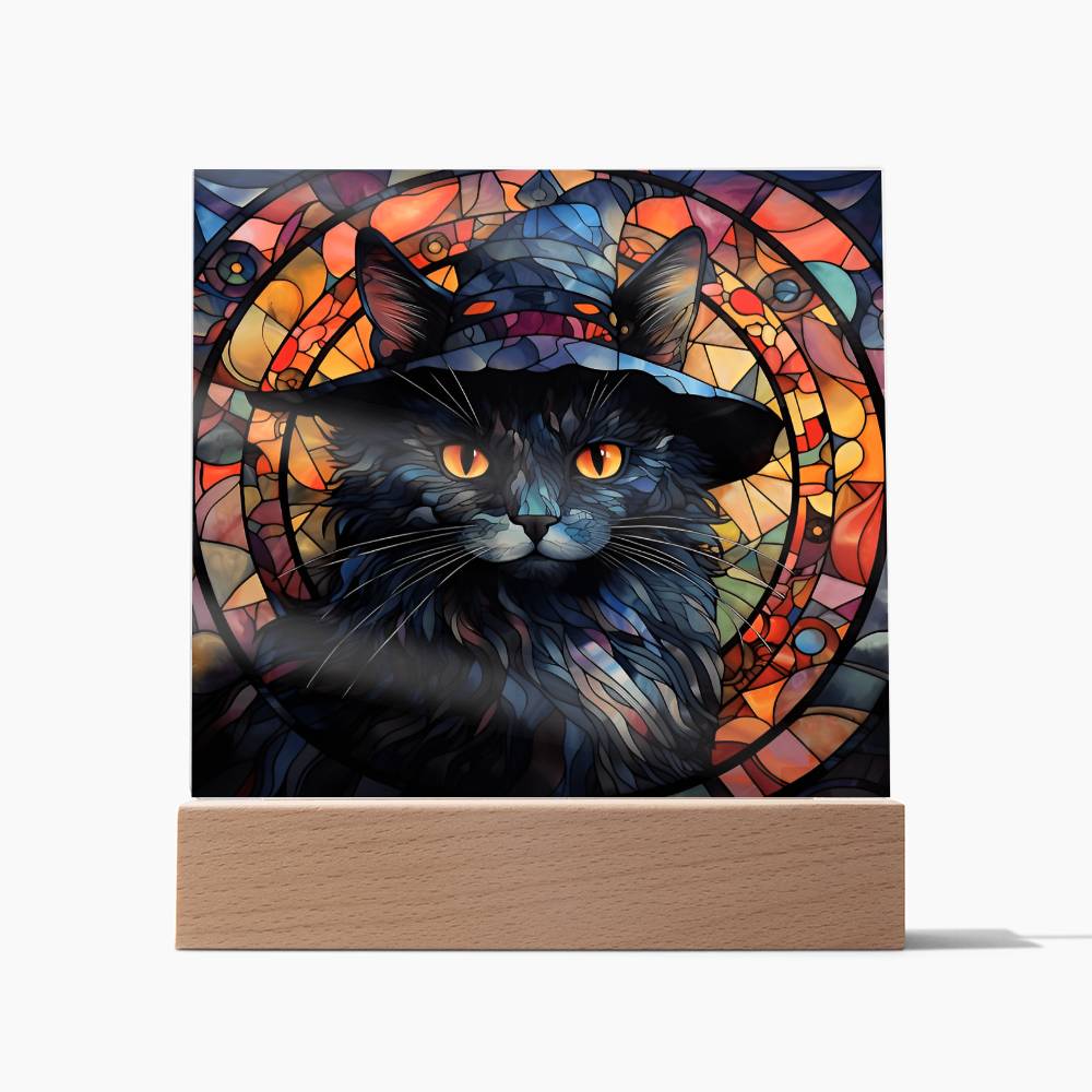 Halloween Gift - Black Cat Acrylic Square Plaque with Available LED Night Light