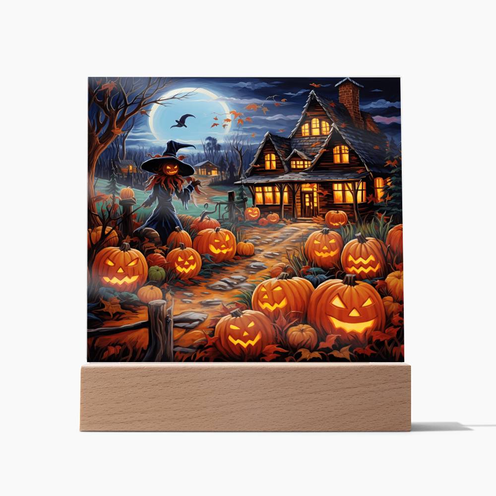 Halloween Gift - Halloween Home With Witch - Acrylic Square Plaque with Available LED Night Light