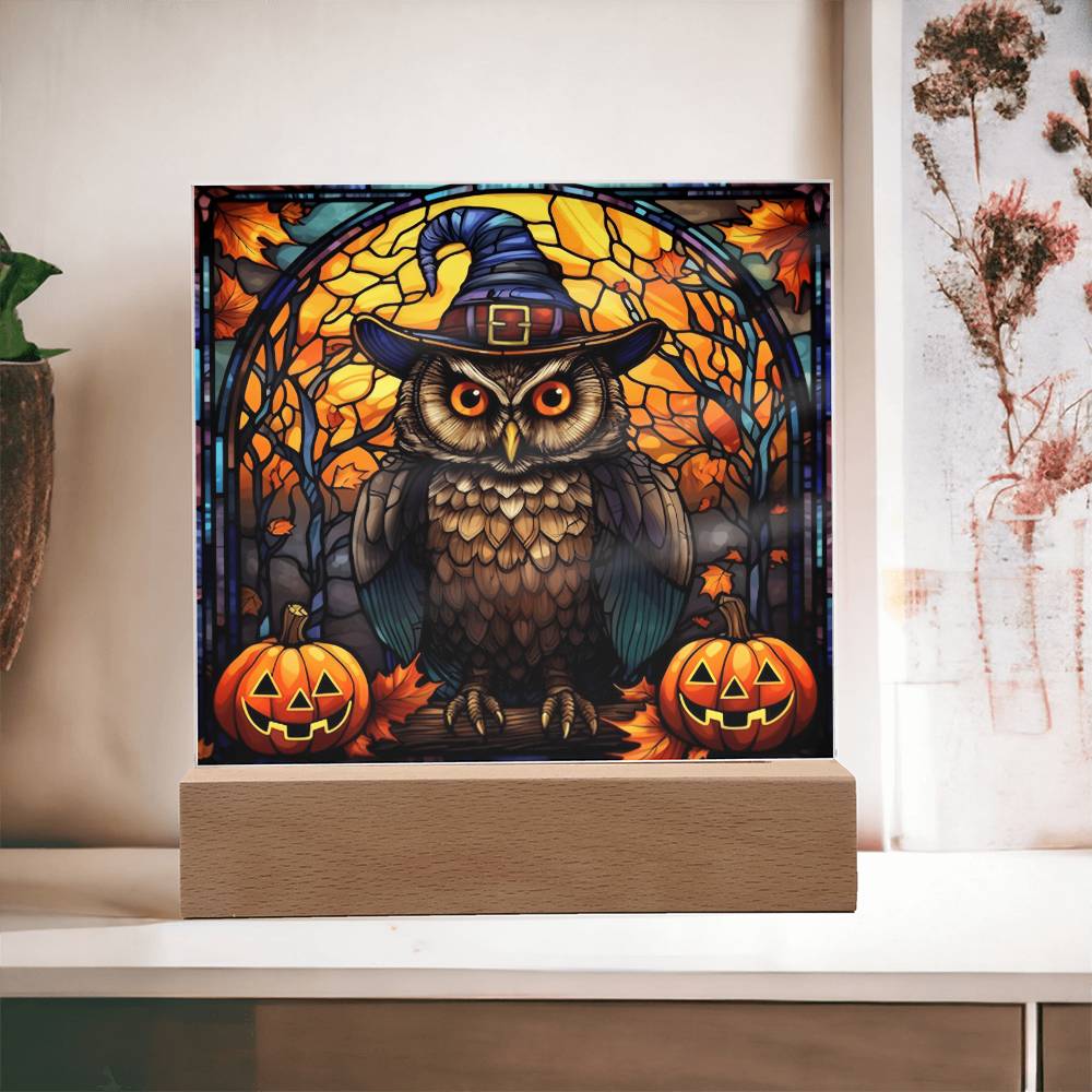 Halloween Gift - Owl Stained Glass - Acrylic Square Plaque with Available LED Night Light