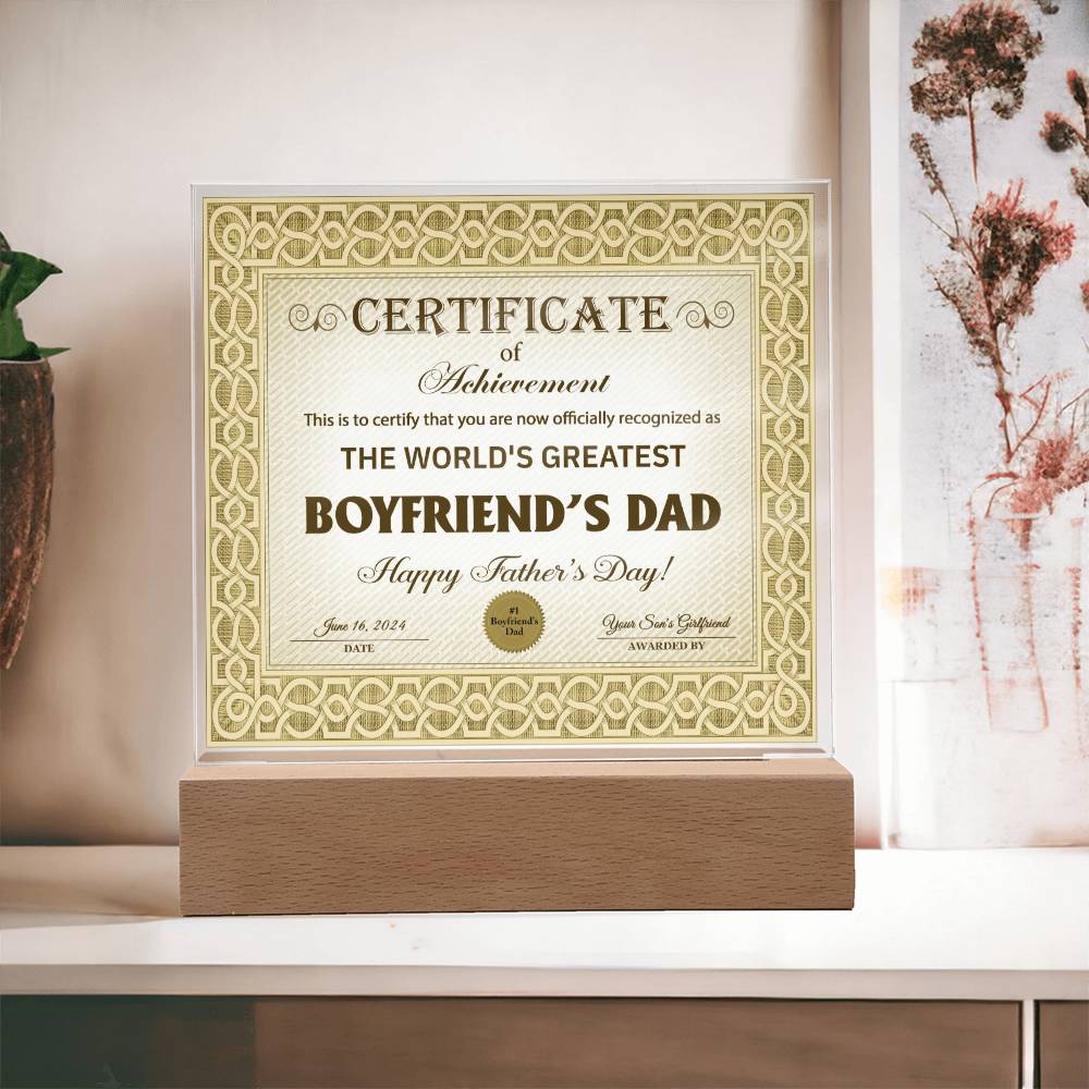 Boyfriends Dad Gift-Certificate Of Achievement-Square Acrylic Plaque