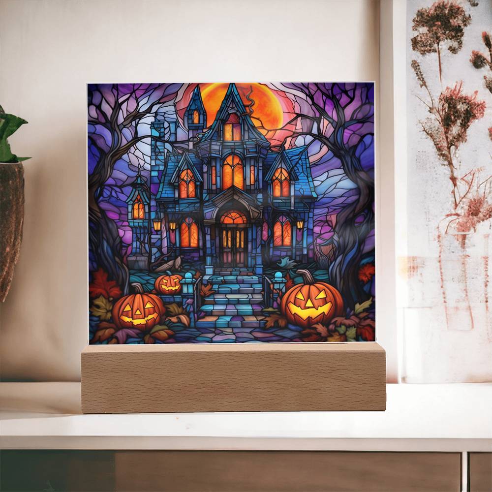 Halloween Gift - Halloween Stained Glass House - Acrylic Square Plaque with Available LED Night Light