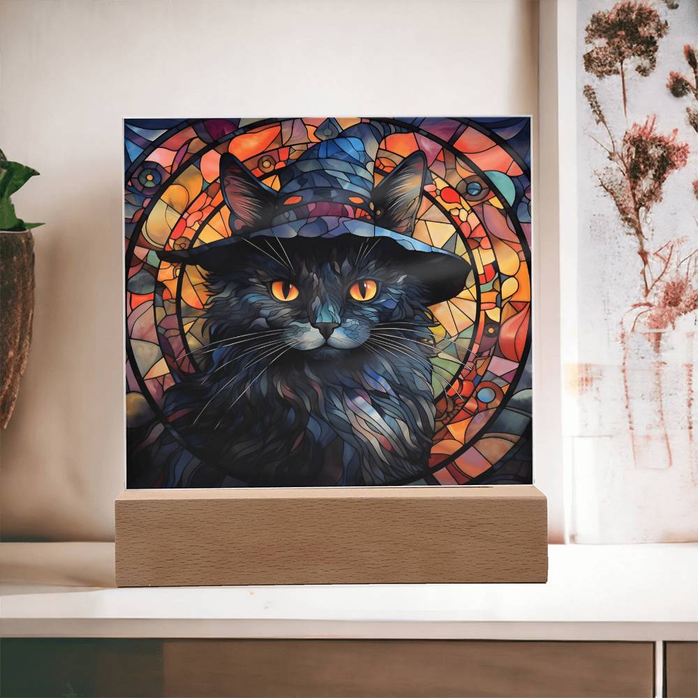 Halloween Gift - Black Cat Acrylic Square Plaque with Available LED Night Light