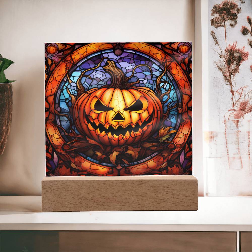 Halloween Gift - Pumpkin Stained Glass - Acrylic Square Plaque with Available LED Night Light