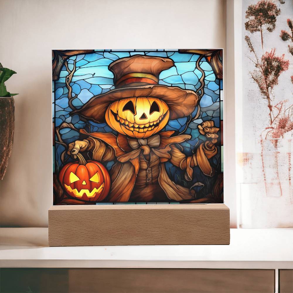 Halloween Gift - Pumpkin Ghost Stained Glass - Acrylic Square Plaque with Available LED Night Light