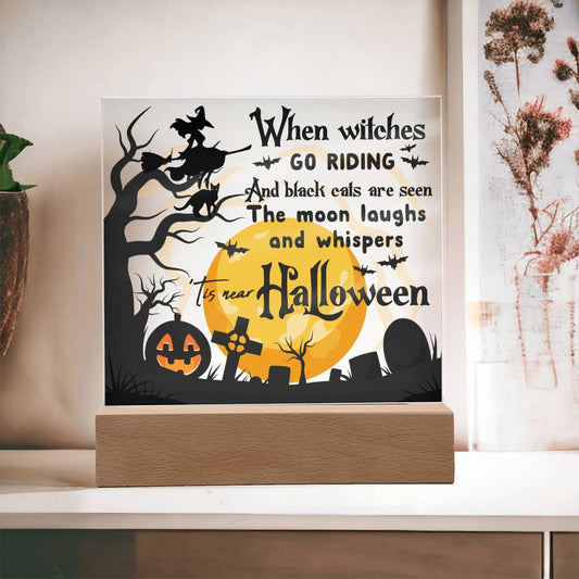 Halloween Gift - Black Cats and Witches Acrylic Square Plaque with Available LED Night Light