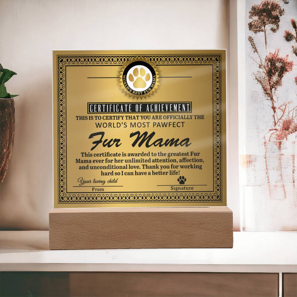 Fur Mama Gift -Certificate of Achievement - Acrylic Square Plaque