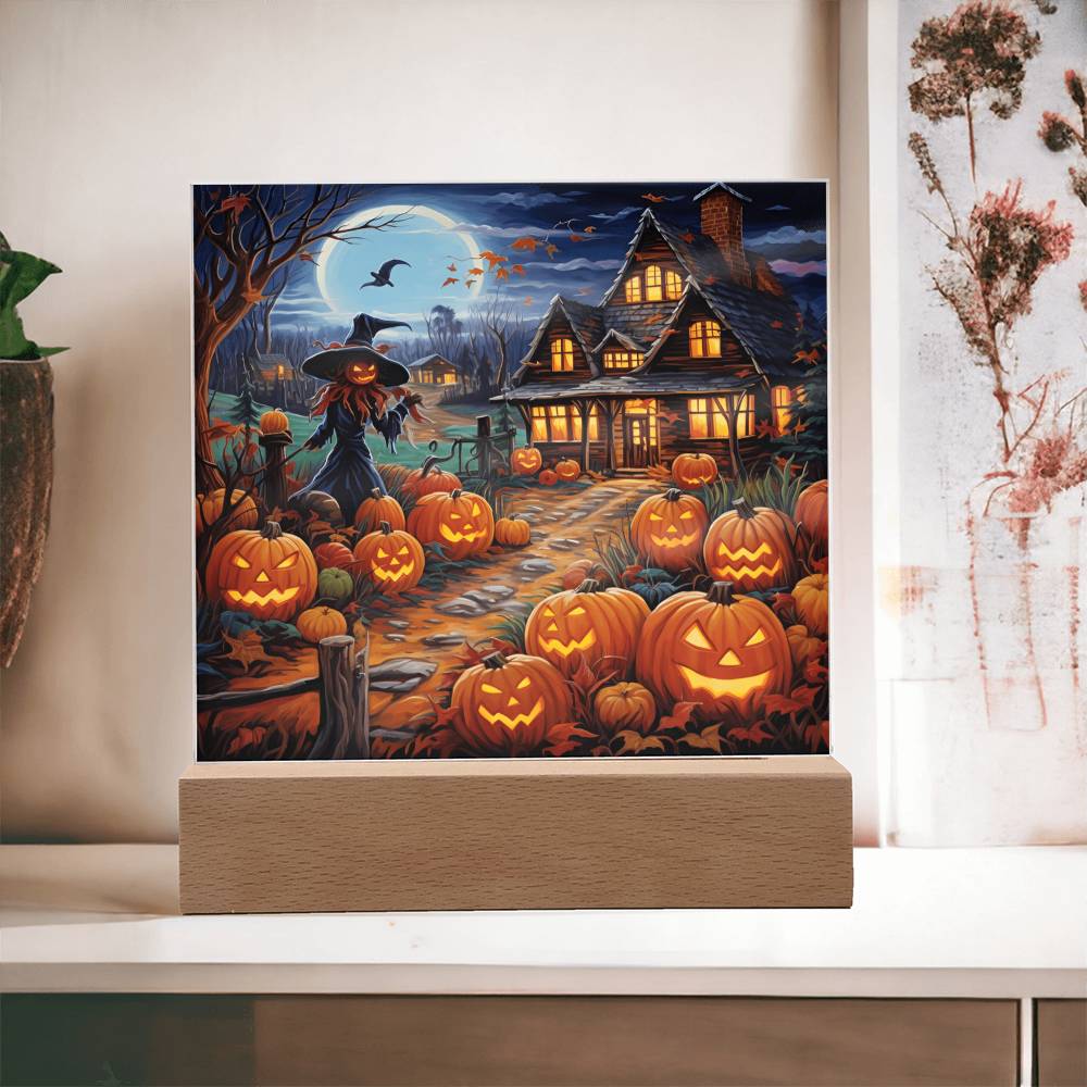 Halloween Gift - Halloween Home With Witch - Acrylic Square Plaque with Available LED Night Light