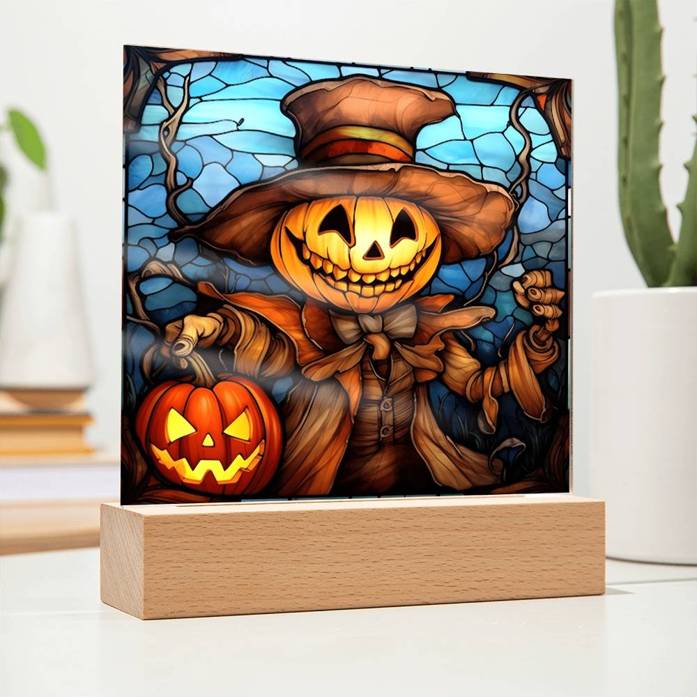 Halloween Gift - Pumpkin Ghost Stained Glass - Acrylic Square Plaque with Available LED Night Light