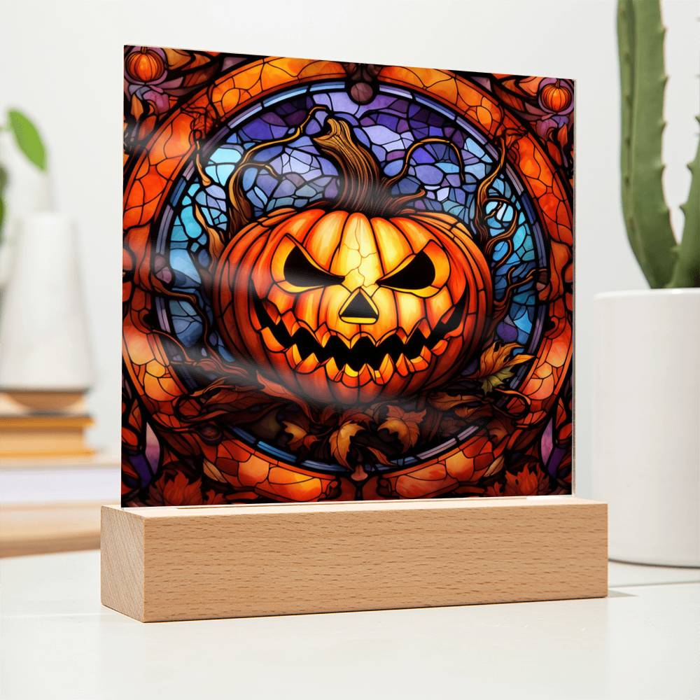 Halloween Gift - Pumpkin Stained Glass - Acrylic Square Plaque with Available LED Night Light