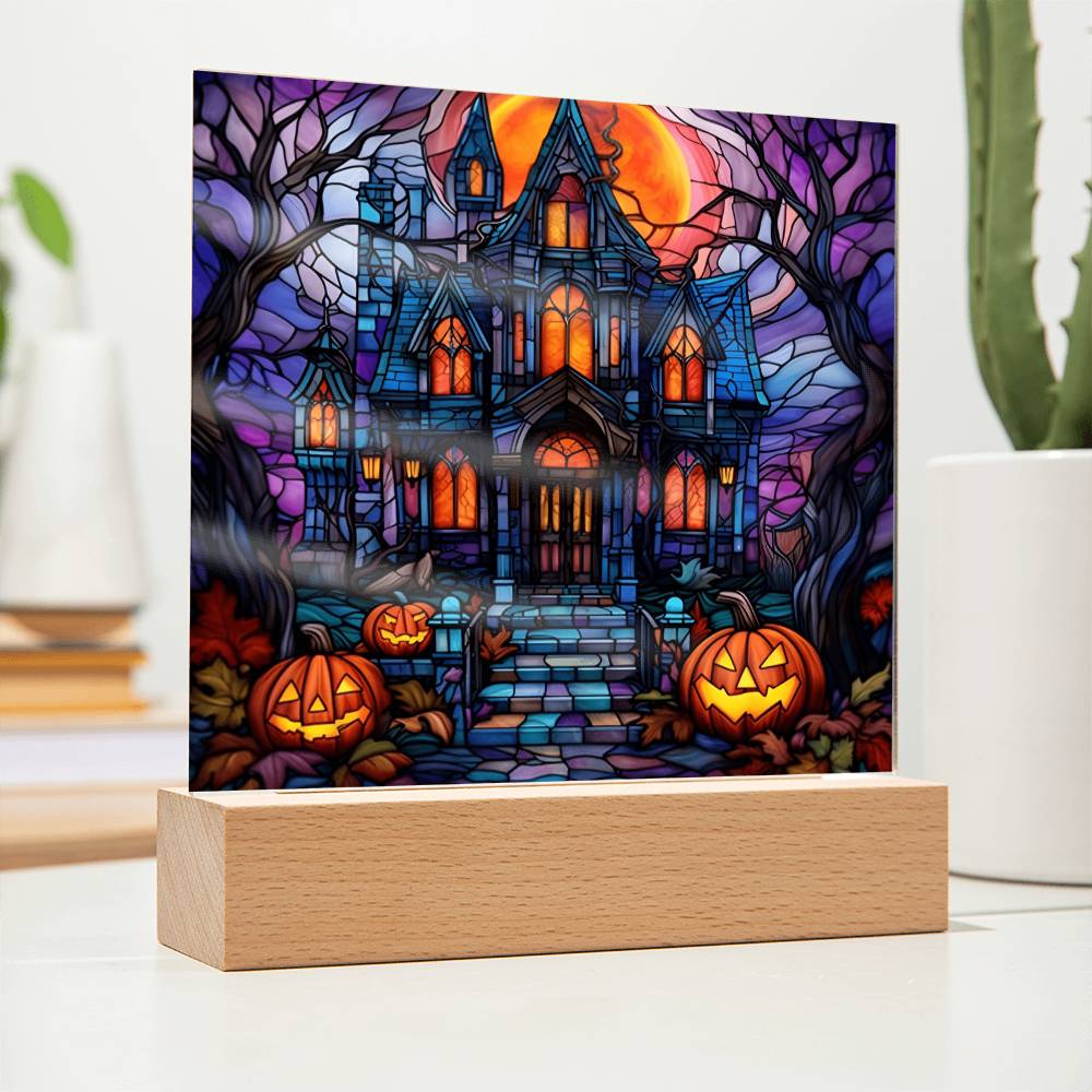 Halloween Gift - Glass Stained House - Acrylic Square Plaque with Available LED Night Light