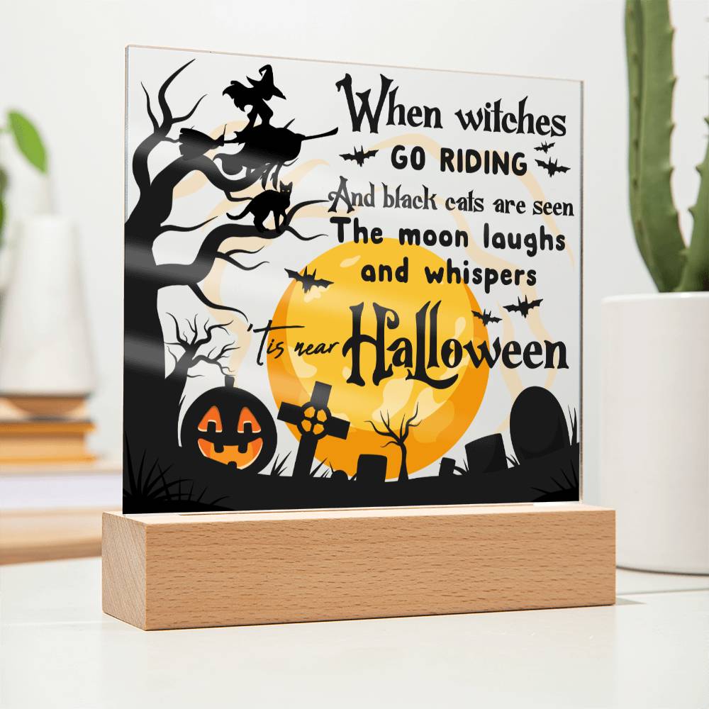 Halloween Gift - Black Cats and Witches Acrylic Square Plaque with Available LED Night Light