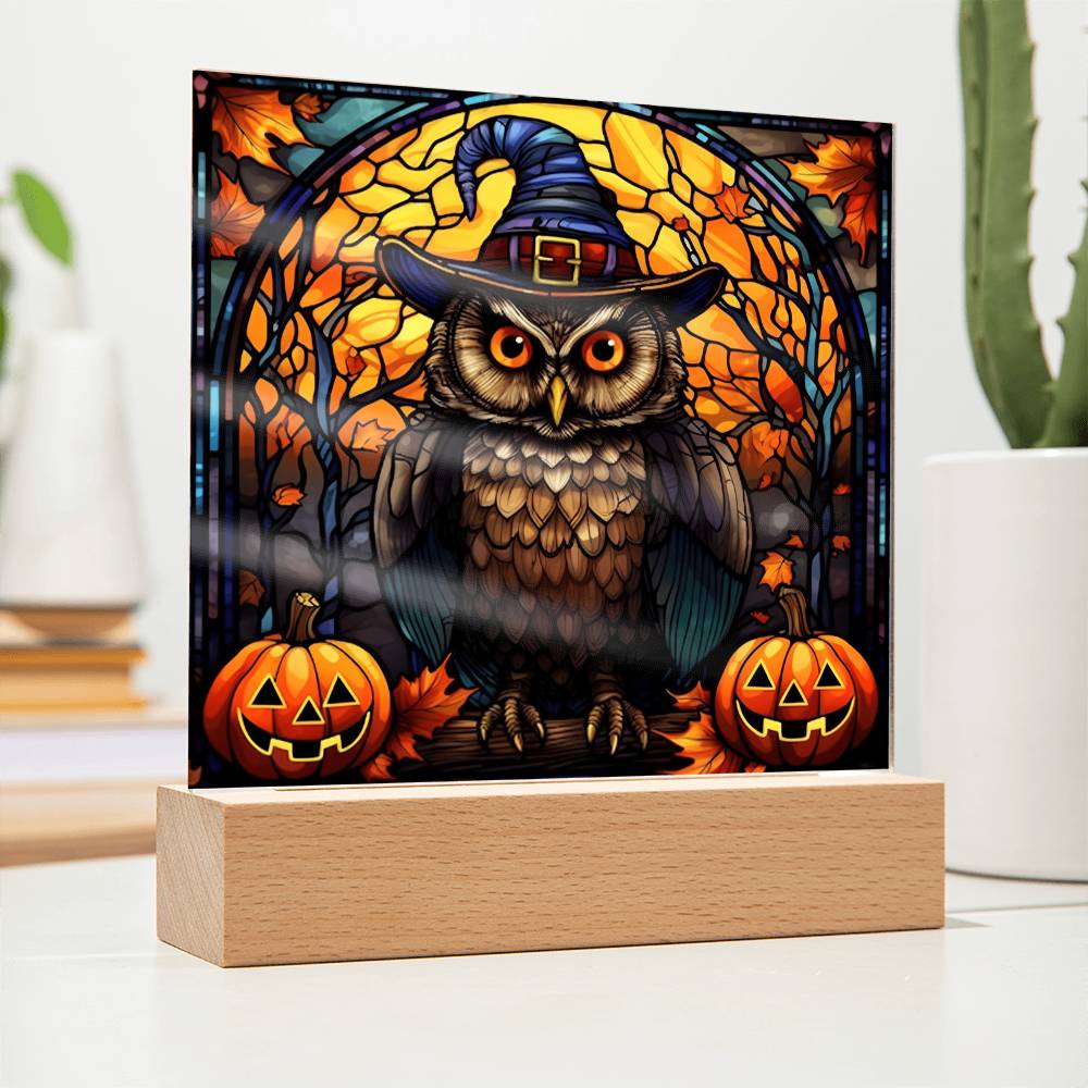 Halloween Gift - Owl Stained Glass - Acrylic Square Plaque with Available LED Night Light