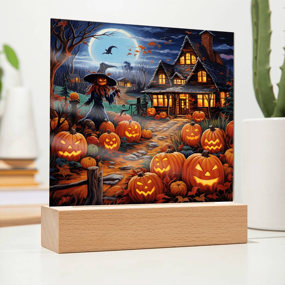 Halloween Gift - Halloween Home With Witch - Acrylic Square Plaque with Available LED Night Light