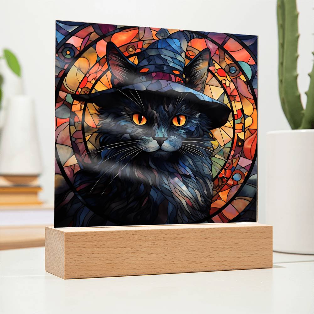 Halloween Gift - Black Cat Acrylic Square Plaque with Available LED Night Light