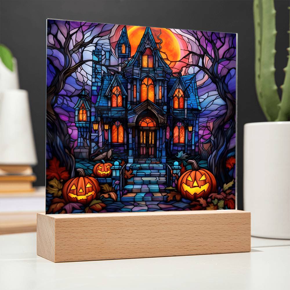 Halloween Gift - Glass Stained House - Acrylic Square Plaque with Available LED Night Light