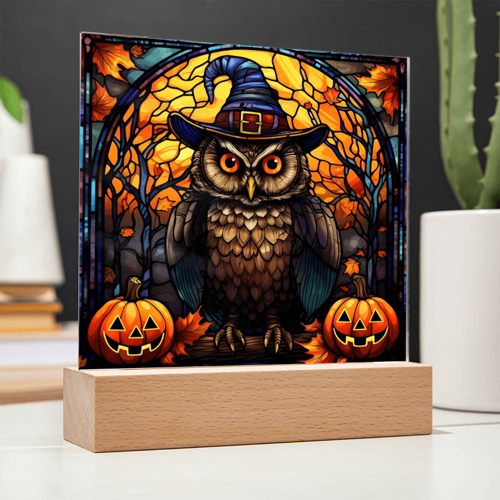 Halloween Gift - Owl Stained Glass - Acrylic Square Plaque with Available LED Night Light