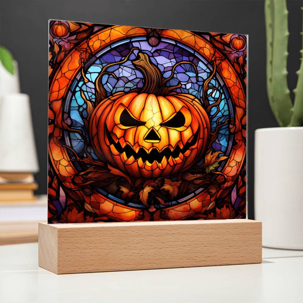 Halloween Gift - Pumpkin Stained Glass - Acrylic Square Plaque with Available LED Night Light