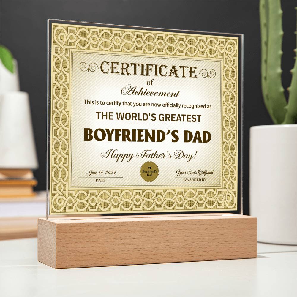 Boyfriends Dad Gift-Certificate Of Achievement-Square Acrylic Plaque