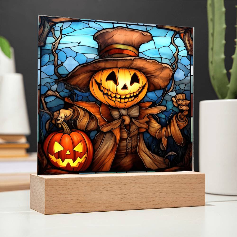 Halloween Gift - Pumpkin Ghost Stained Glass - Acrylic Square Plaque with Available LED Night Light