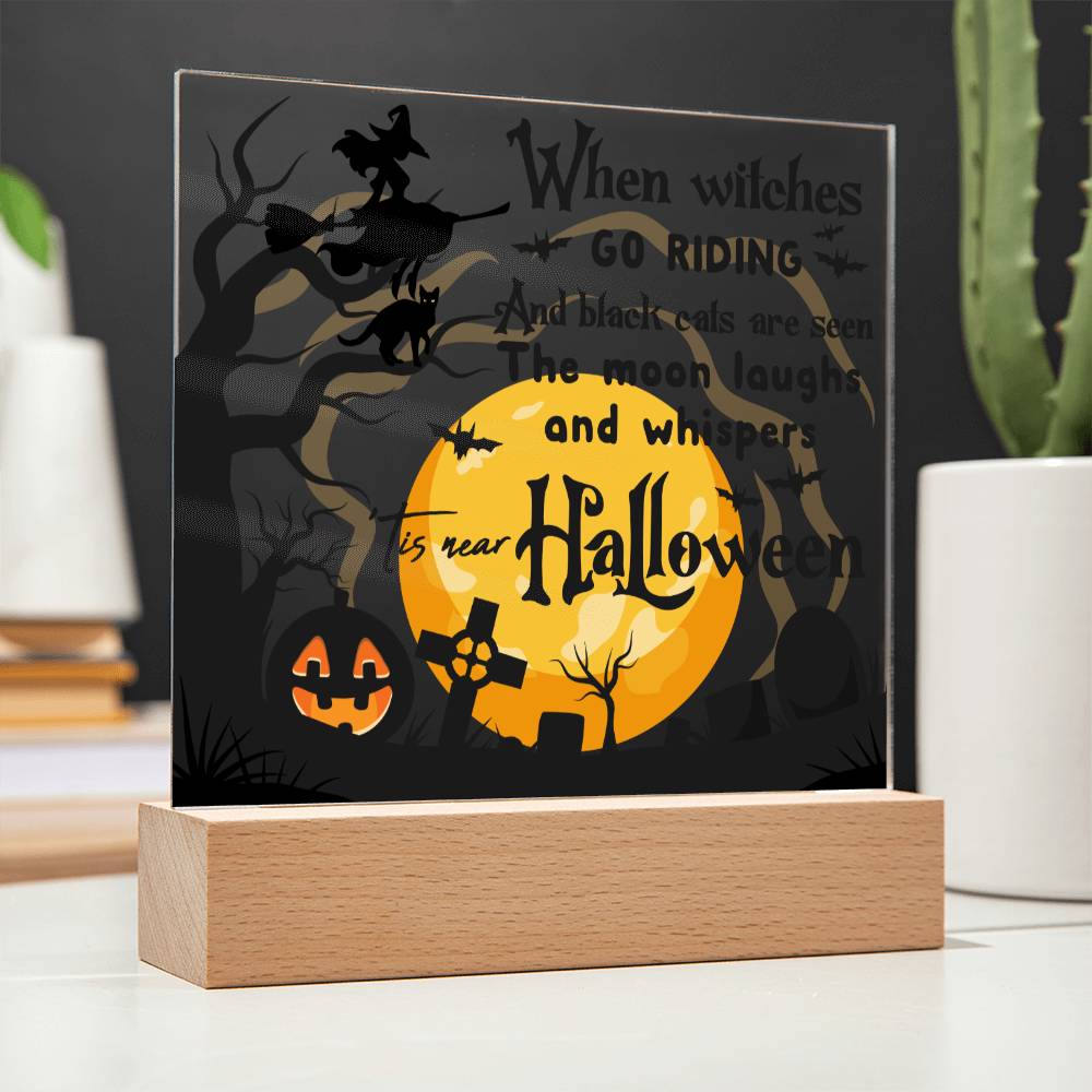 Halloween Gift - Black Cats and Witches Acrylic Square Plaque with Available LED Night Light