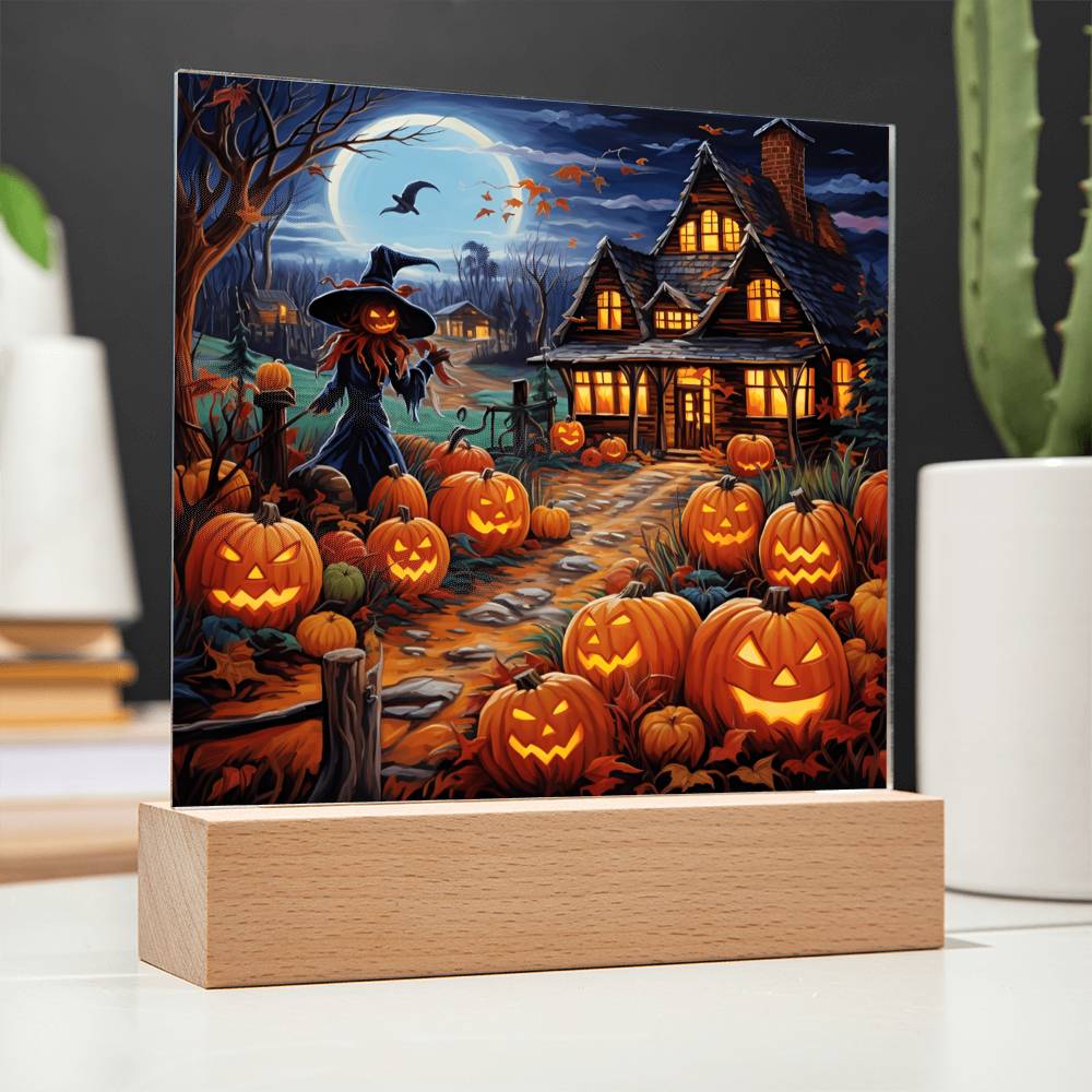 Halloween Gift - Halloween Home With Witch - Acrylic Square Plaque with Available LED Night Light