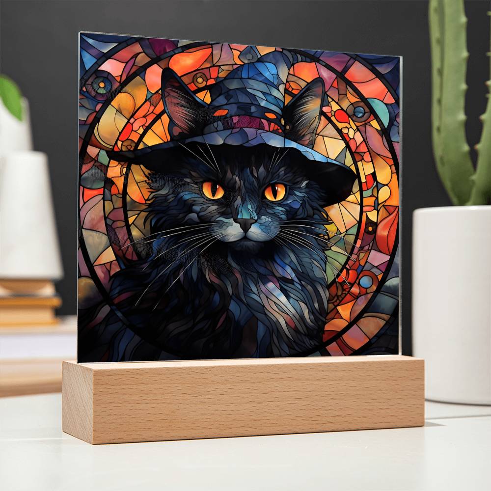 Halloween Gift - Black Cat Acrylic Square Plaque with Available LED Night Light