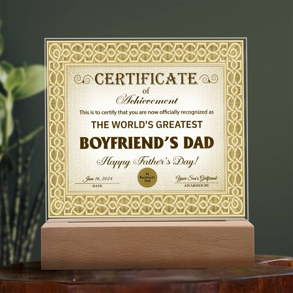 Boyfriends Dad Gift-Certificate Of Achievement-Square Acrylic Plaque