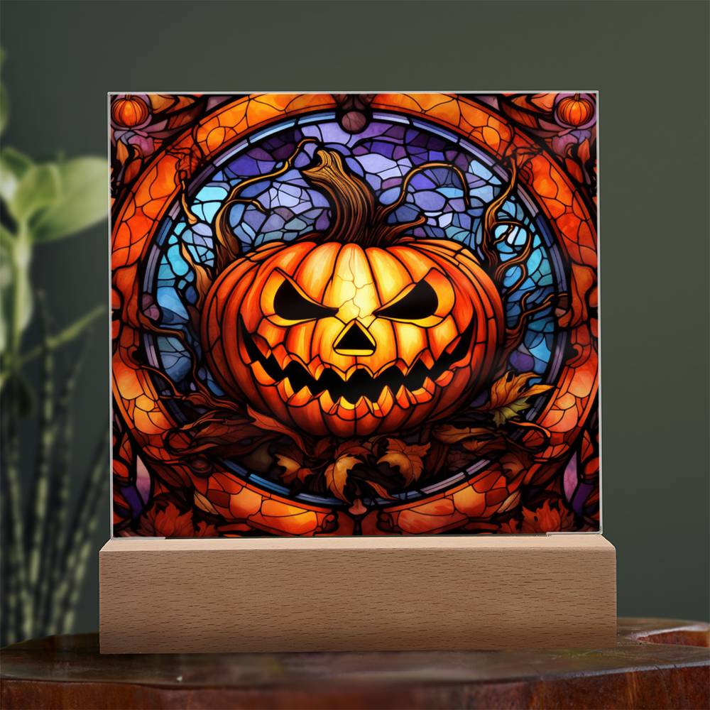 Halloween Gift - Pumpkin Stained Glass - Acrylic Square Plaque with Available LED Night Light