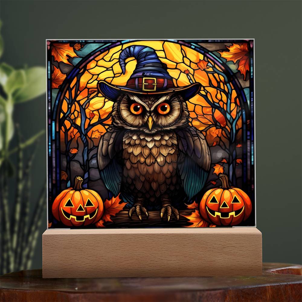 Halloween Gift - Owl Stained Glass - Acrylic Square Plaque with Available LED Night Light