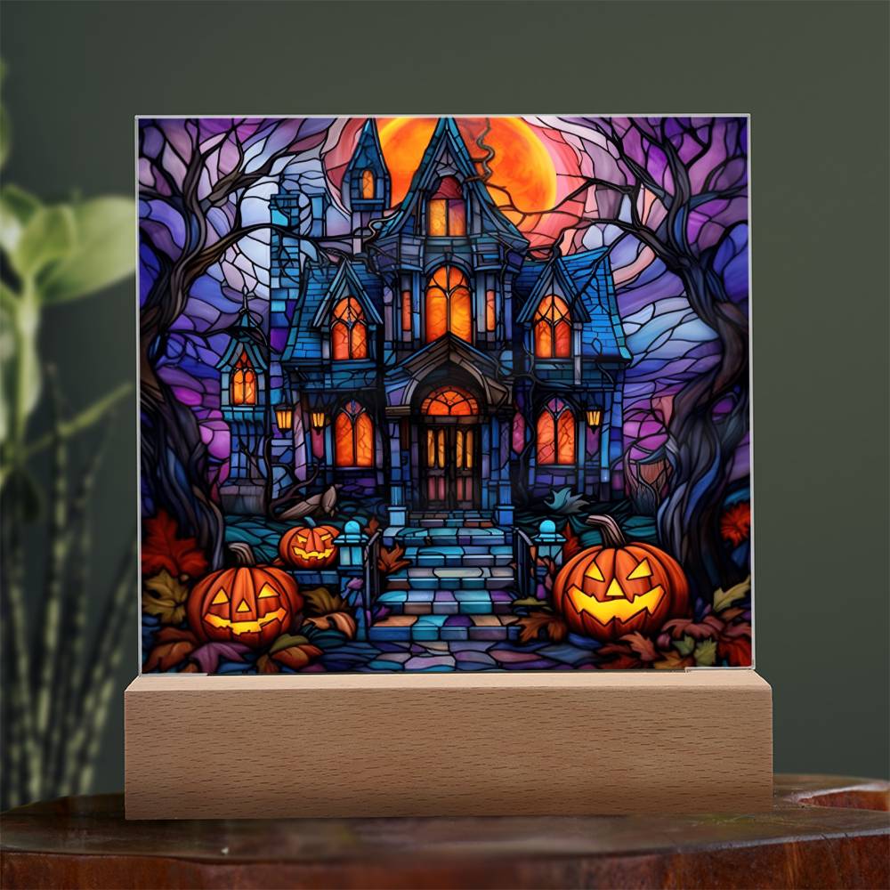 Halloween Gift - Halloween Stained Glass House - Acrylic Square Plaque with Available LED Night Light