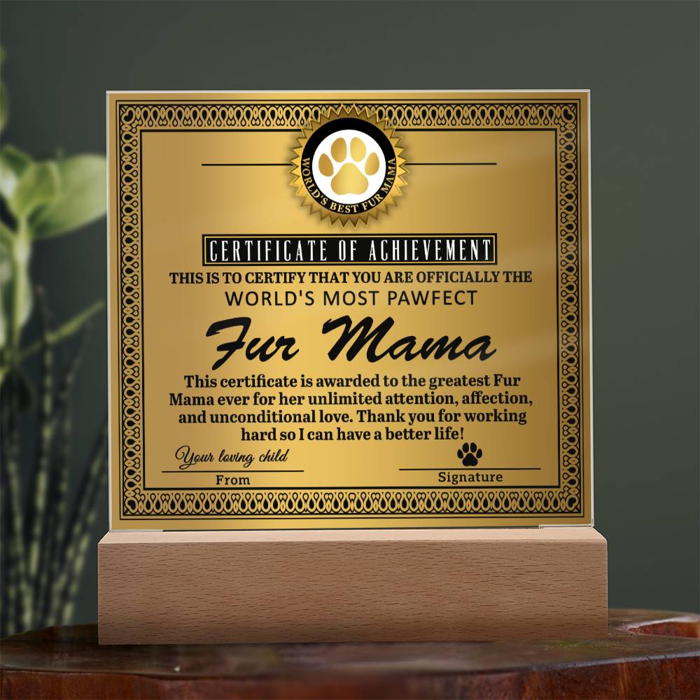 Fur Mama Gift -Certificate of Achievement - Acrylic Square Plaque