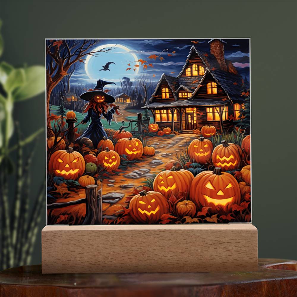 Halloween Gift - Halloween Home With Witch - Acrylic Square Plaque with Available LED Night Light