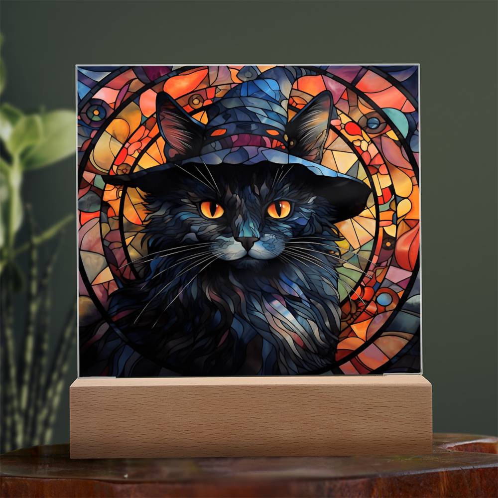 Halloween Gift - Black Cat Acrylic Square Plaque with Available LED Night Light