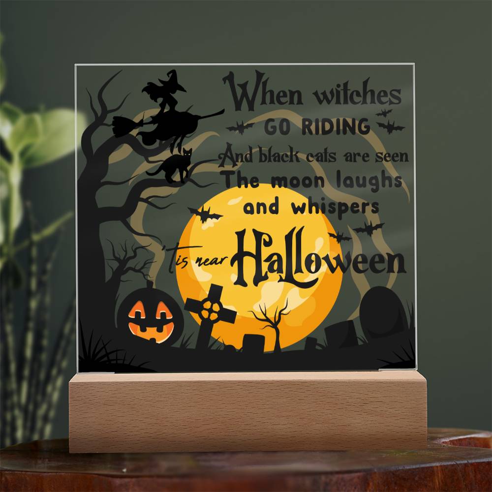 Halloween Gift - Black Cats and Witches Acrylic Square Plaque with Available LED Night Light