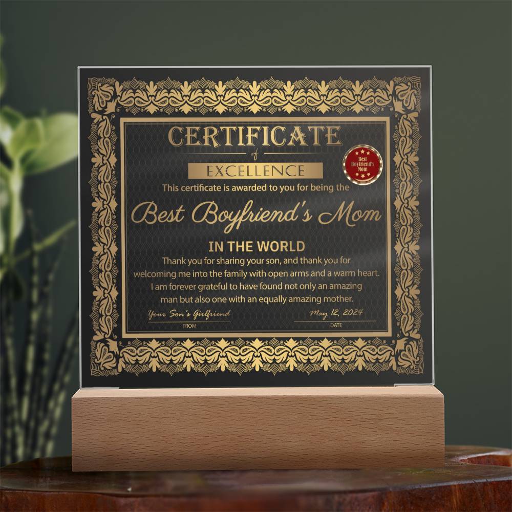 Gift For My Boyfriend's Mom - Certificate of Excellence - Acrylic Square Plaque