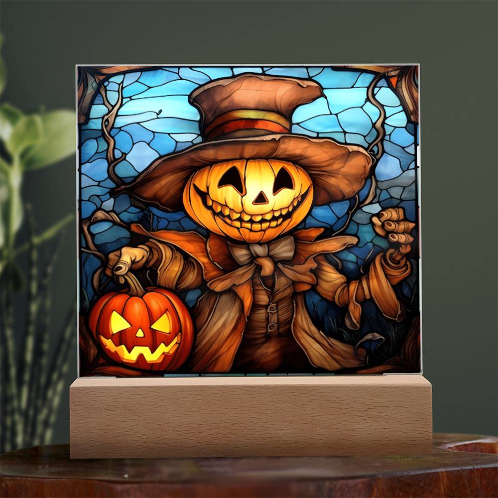 Halloween Gift - Pumpkin Ghost Stained Glass - Acrylic Square Plaque with Available LED Night Light