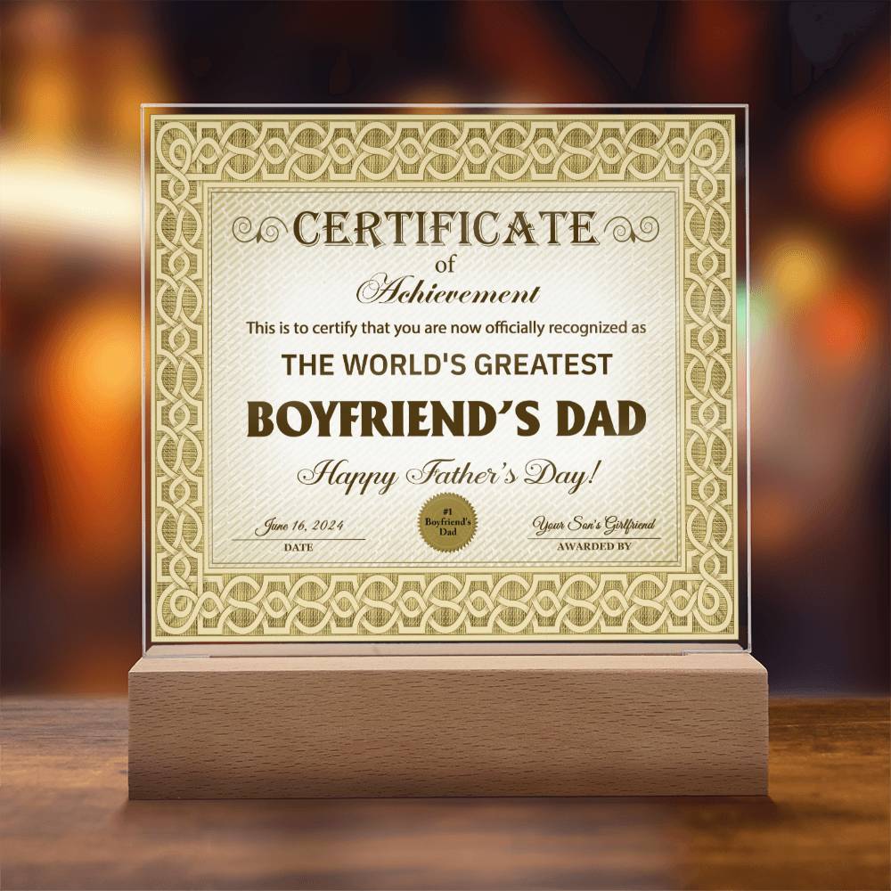 Boyfriends Dad Gift-Certificate Of Achievement-Square Acrylic Plaque