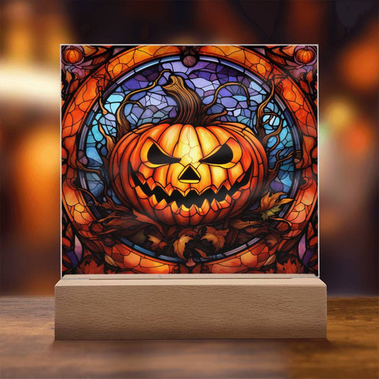 Halloween Gift - Pumpkin Stained Glass - Acrylic Square Plaque with Available LED Night Light