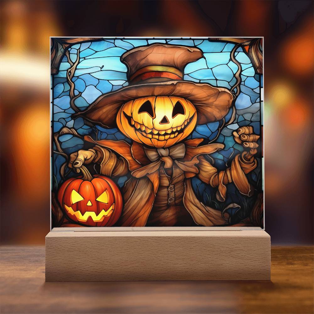 Halloween Gift - Pumpkin Ghost Stained Glass - Acrylic Square Plaque with Available LED Night Light