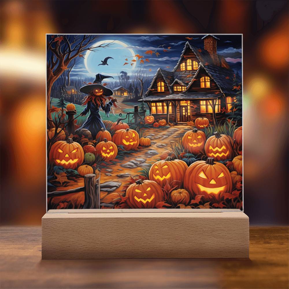 Halloween Gift - Halloween Home With Witch - Acrylic Square Plaque with Available LED Night Light