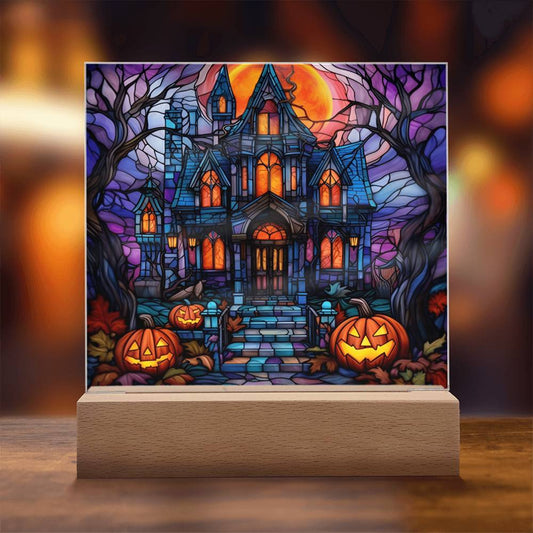 Halloween Gift - Glass Stained House - Acrylic Square Plaque with Available LED Night Light