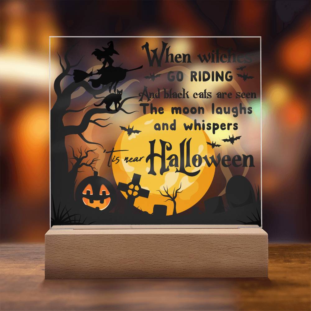 Halloween Gift - Black Cats and Witches Acrylic Square Plaque with Available LED Night Light