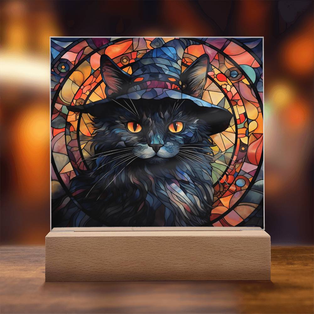 Halloween Gift - Black Cat Acrylic Square Plaque with Available LED Night Light