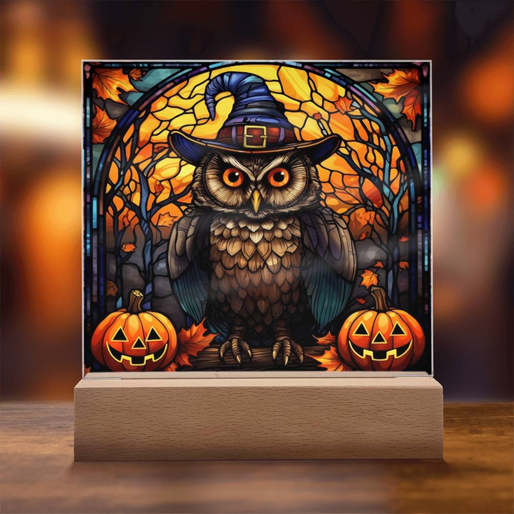 Halloween Gift - Owl Stained Glass - Acrylic Square Plaque with Available LED Night Light