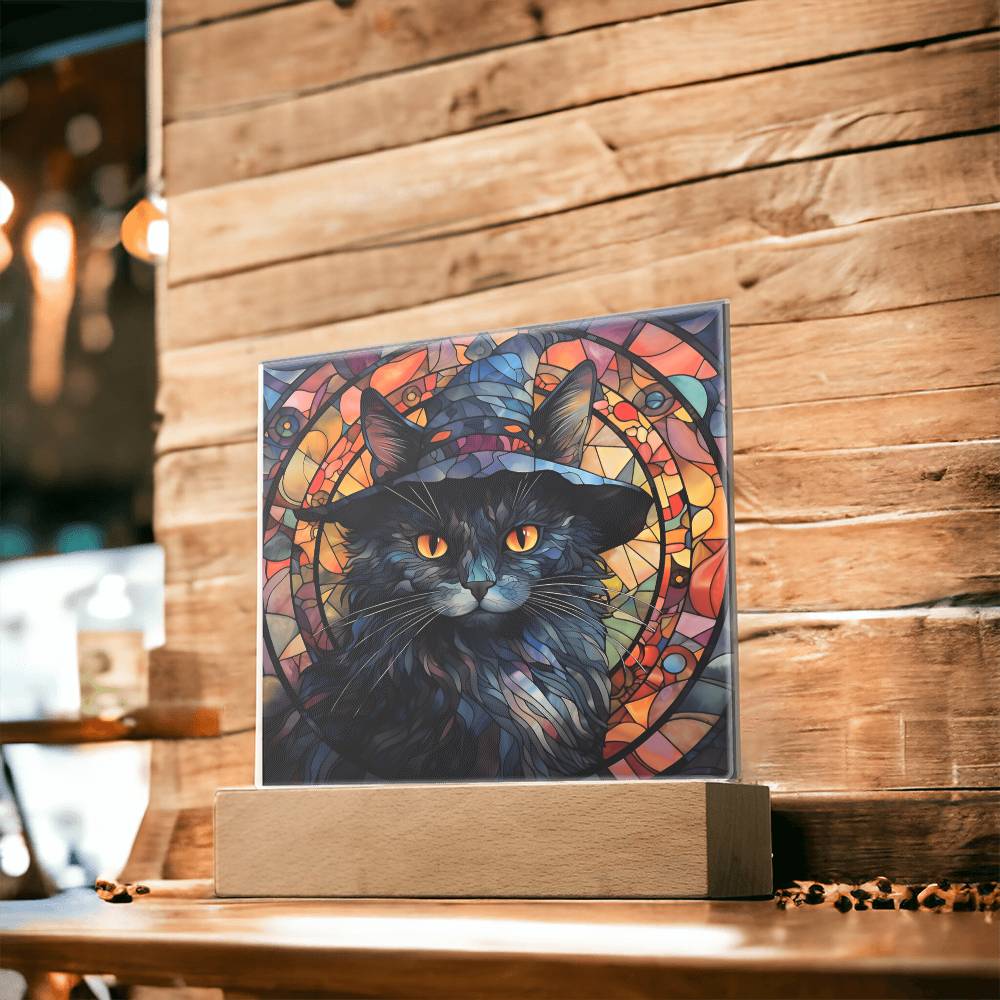 Halloween Gift - Black Cat Acrylic Square Plaque with Available LED Night Light