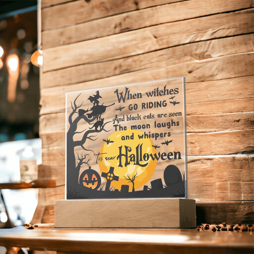 Halloween Gift - Black Cats and Witches Acrylic Square Plaque with Available LED Night Light