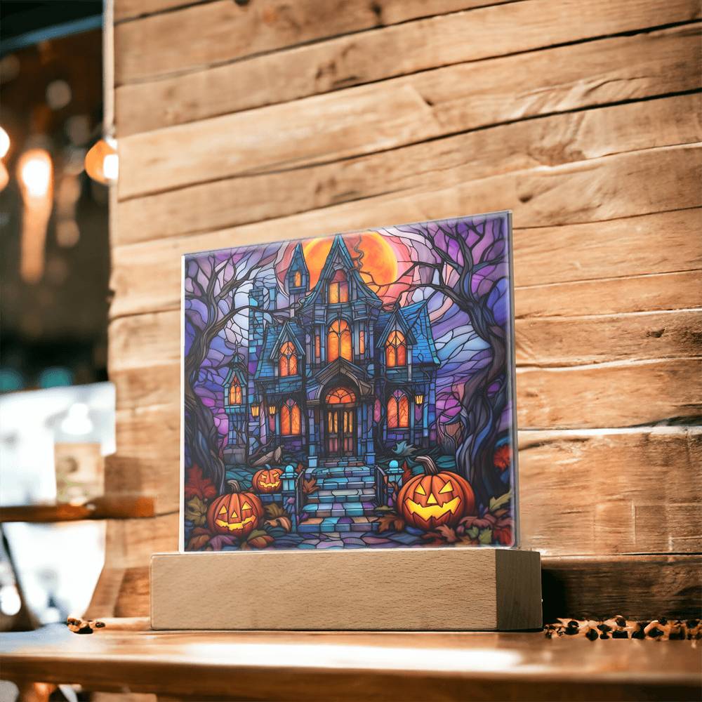 Halloween Gift - Glass Stained House - Acrylic Square Plaque with Available LED Night Light