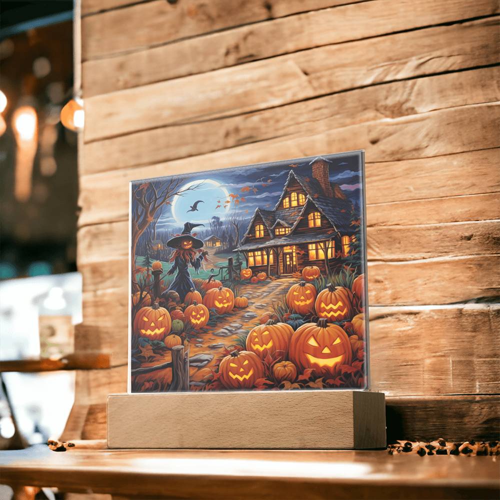 Halloween Gift - Halloween Home With Witch - Acrylic Square Plaque with Available LED Night Light